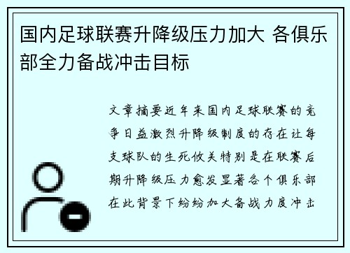 国内足球联赛升降级压力加大 各俱乐部全力备战冲击目标